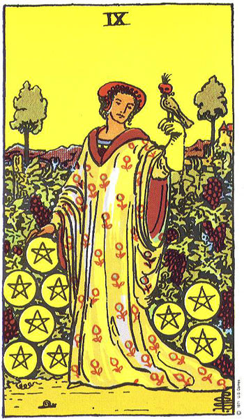 Carta de Tarot de Rider - Waite Nueve de Oros en marifranstarot.com