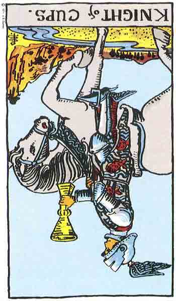 Carta de Tarot de Rider - Waite Caballero de Copas invertida en marifranstarot.com