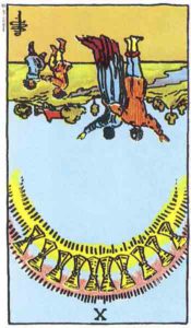 Carta de Tarot de Rider - Waite Diez de Copas (invertido) en marifranstarot.com
