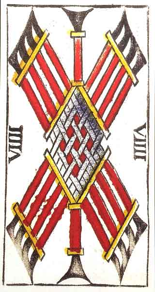 Carta de Tarot de Marsella Pierre Madenié VIIII Bastos en marifranstarot.com