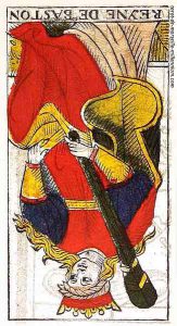 Carta de Tarot de Marsella Pierre Madenié Reina de Bastos (invertida) en marifranstarot.com