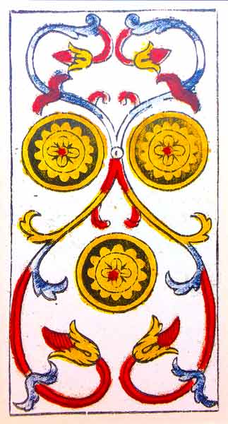 Carta de Tarot de Marsella Pierre Madenié Tres de Oros (invertido) en marifranstarot.com